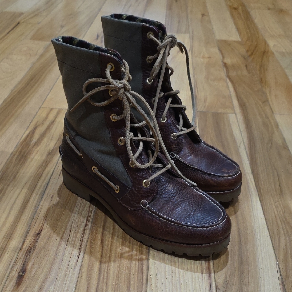 Sperry Brown Leather and Olive Canvas Combat Moto Boots